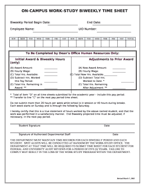 ON-CAMPUS WORK-STUDY BIWEEKLY TIME SHEET