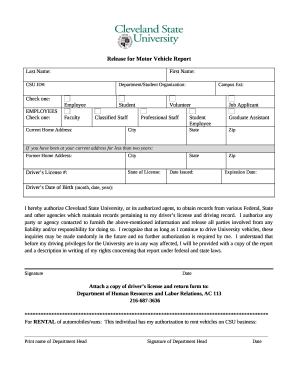 Motor Vehicle Release Form. - Cleveland State University
