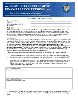 Certification of Materials Events Form