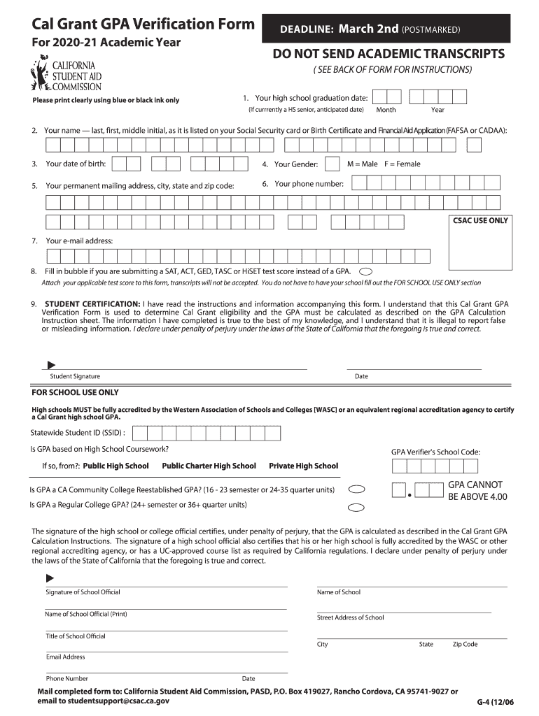 Fillable Online Fillable Online Cal Grant GPA Verification Form Fax ...