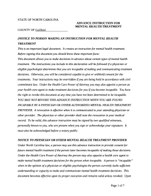 ADVANCE INSTRUCTION FOR MENTAL HEALTH TREATMENT COUNTY OF