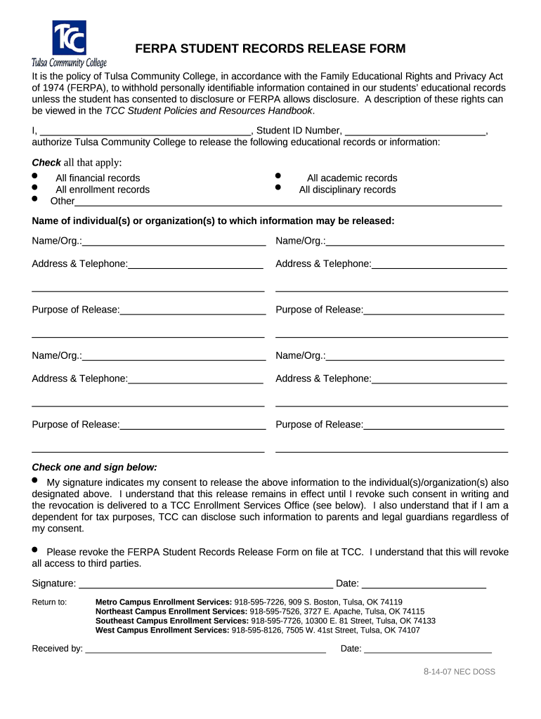 FERPA Student Records Release Tulsa Community Doc Template