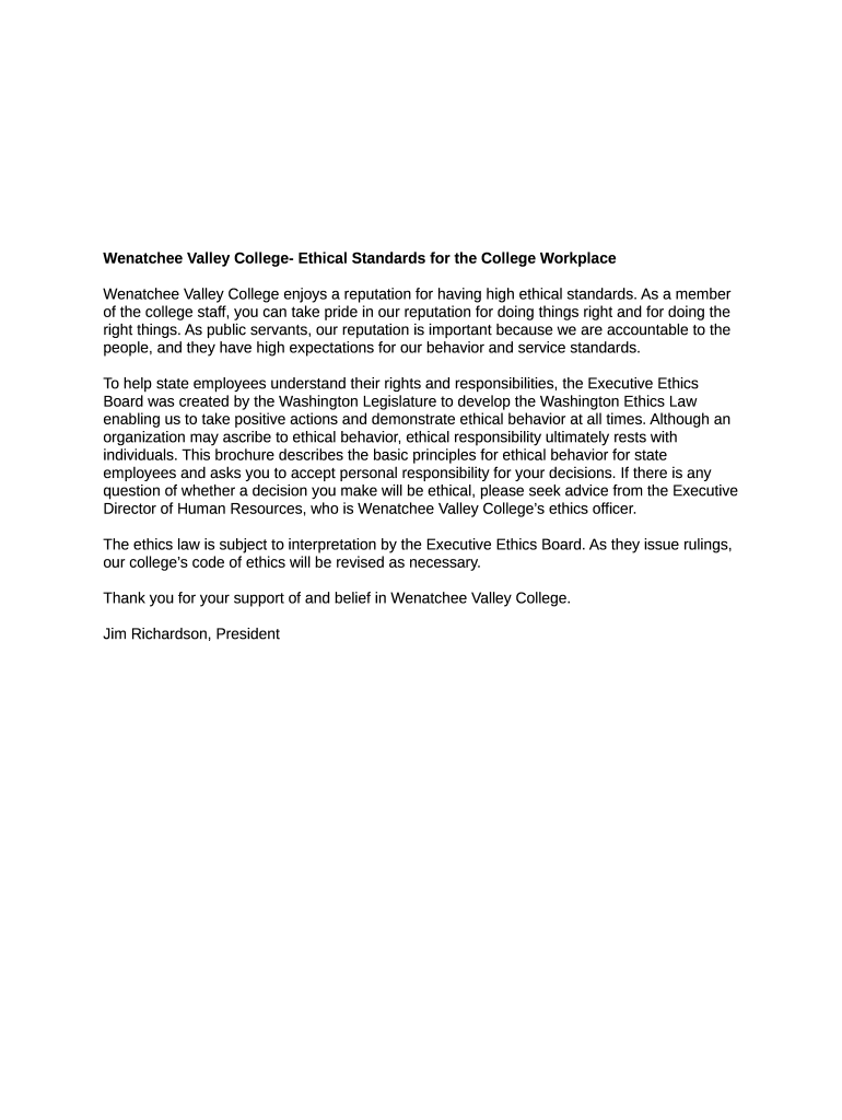 Wenatchee Valley College Ethical Standards For The College Workplace