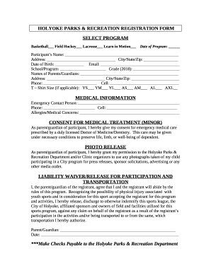 HOLYOKE PARKS &amp; RECREATION REGISTRATION FORM