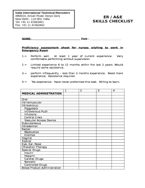 Proficiency assessment sheet for nurses wishing to work in Emergency Room