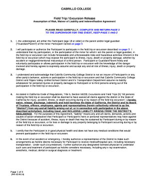 Fieldtrip / Excursion Liability Waiver Form and Voluntary Assumption of Risk