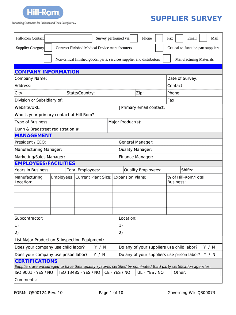 HillRom ContactSurvey pered viaPhoneFaxEmailMail Doc Template