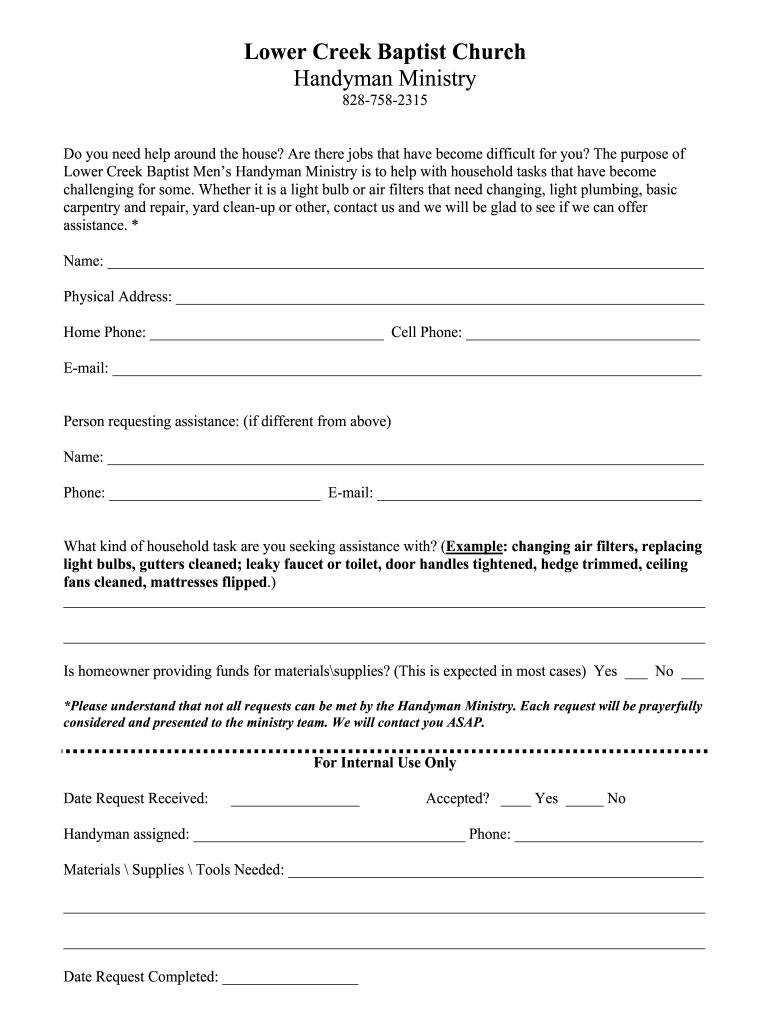 Fillable Online Handyman Ministry Request Form Fax Email Print pdfFiller