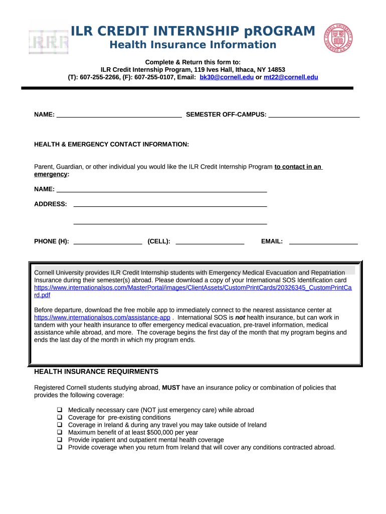 Online ilr cornell CIP health insurance (pdf Doc Template pdfFiller