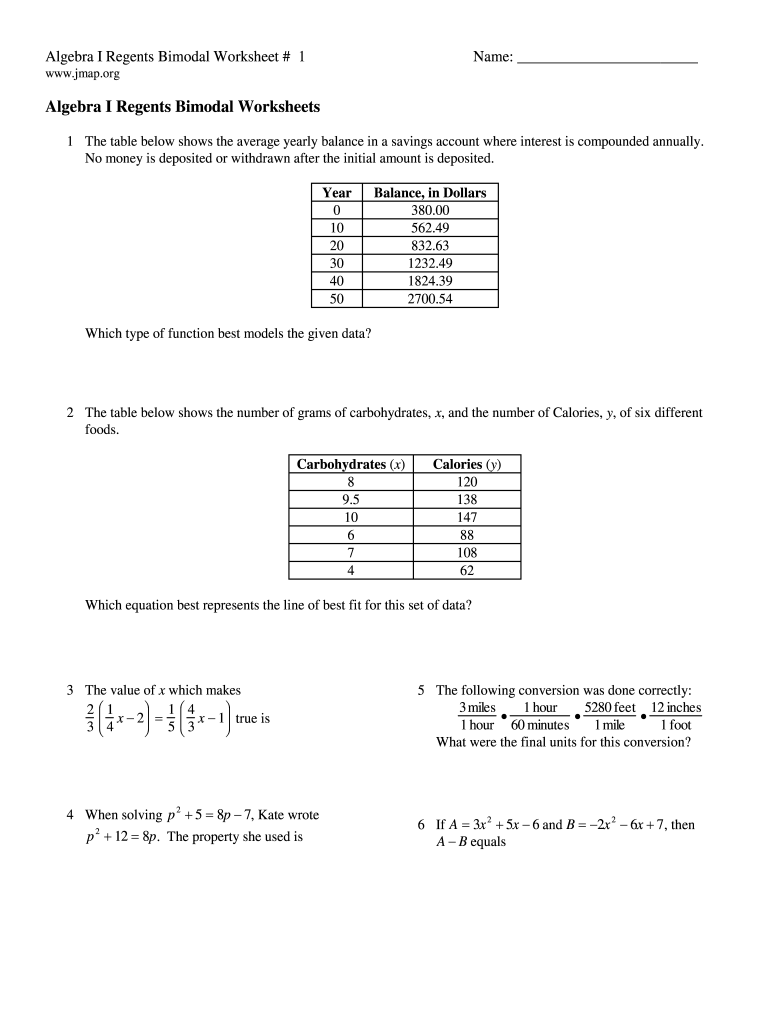Fillable Online Algebra I Regents Bimodal Worksheets Jmap Fax Email