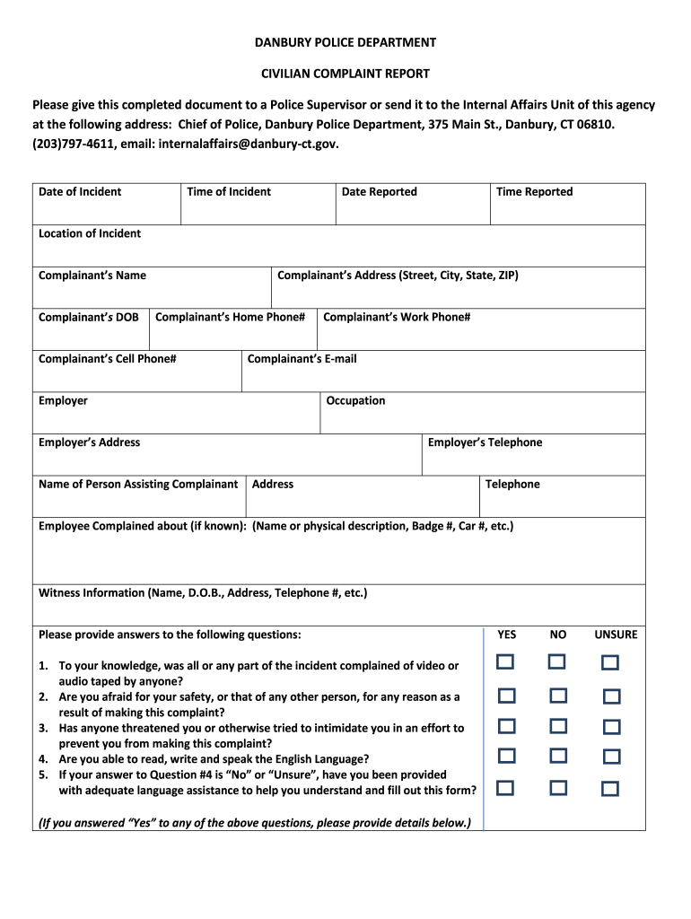 Fillable Online DANBURY POLICE DEPARTMENT CIVILIAN ... Preview on Page 1