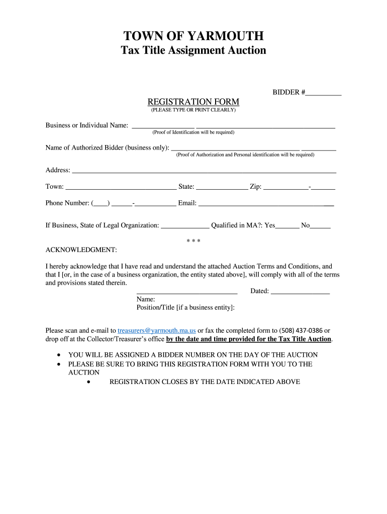 Fillable Online Tax Title AuctionTown of Yarmouth, MA Official