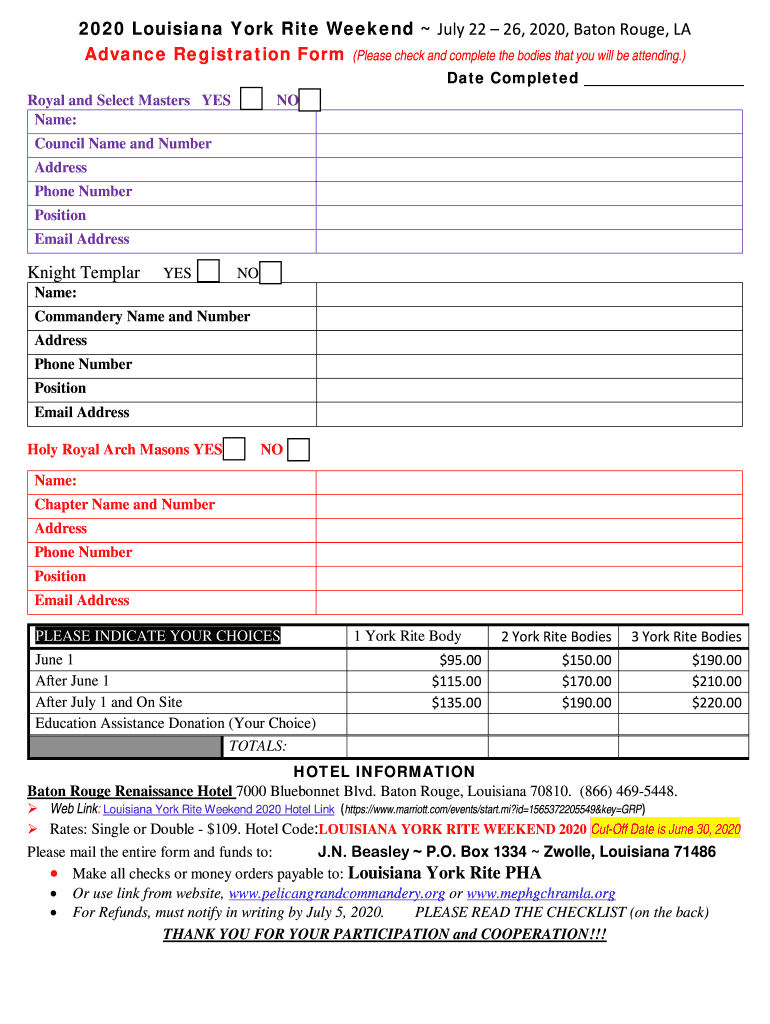 Louisiana York Rite Weekend Advance Registration Form Pre- Preview on Page 1