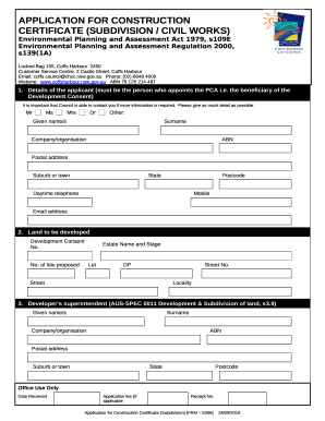 APPLICATION FOR CONSTRUCTION CERTIFICATE (SUBDIVISION / CIVIL WORKS)