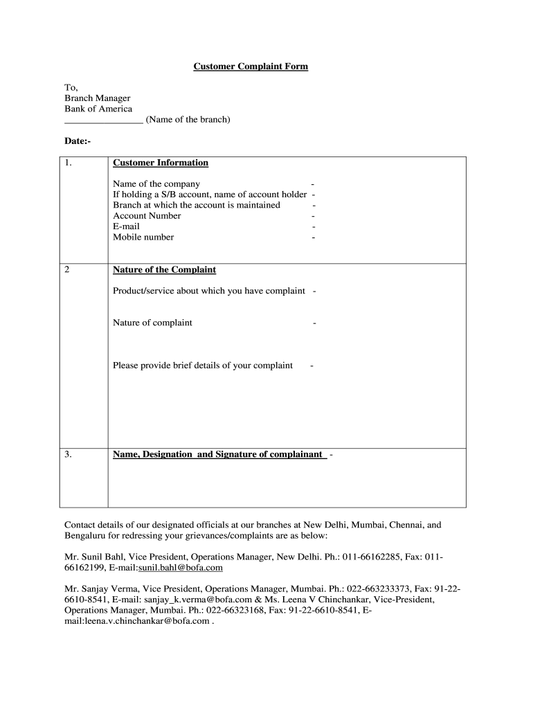 Fillable Online Customer Complaint Form Fax Email