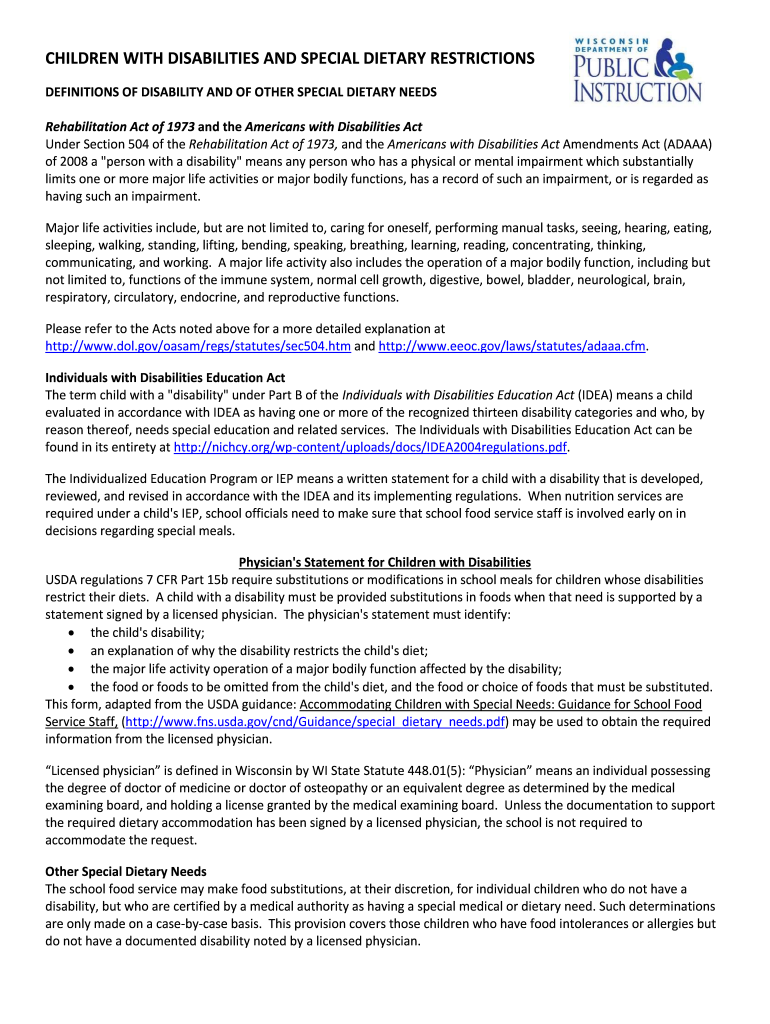 Fillable Online DisabilitySpecial Diet Form Fax Email Print pdfFiller