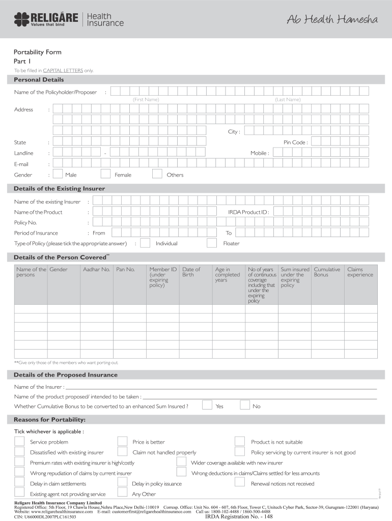Religare Health Insurance Portability Form 20192021 Religare Health Insurance Portability Form 20192021