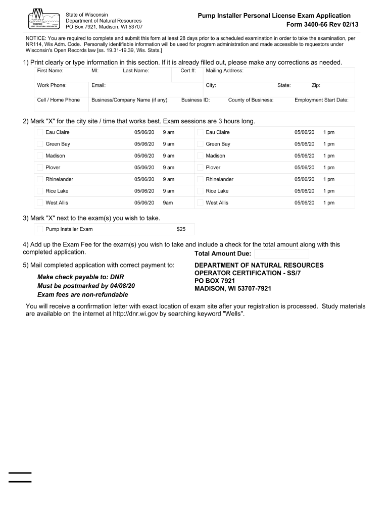 Fillable Online Pump Installer Personal License Exam Application Fax