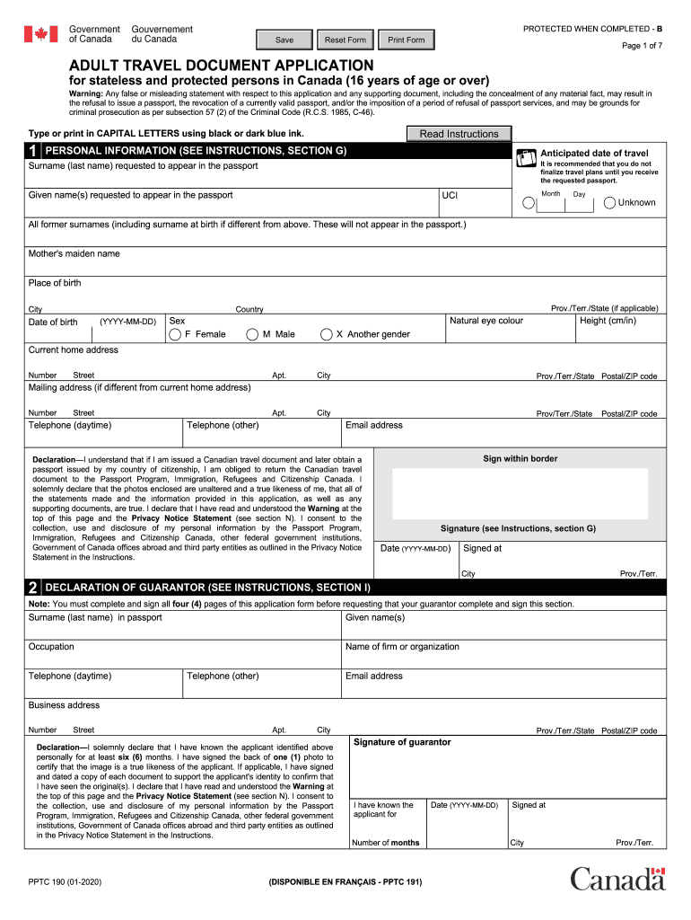 Adult Travel Document Application for Stateless and Protected Preview on Page 1