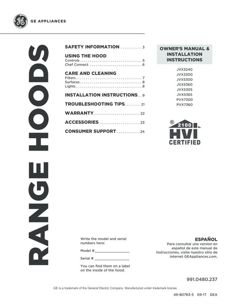 Fillable Online GE JVX5300SJSS Use and Care Manual Fax Email Print