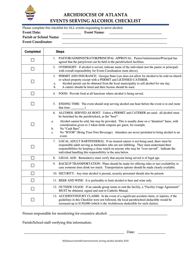 Fillable Online EVENTS SERVING ALCOHOL CHECKLIST Fax Email Print