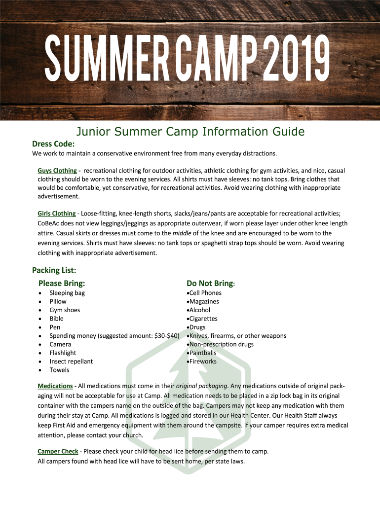 Fillable Online Junior Summer Camp Information Guide Camp CoBeAc Fax Email Print pdfFiller
