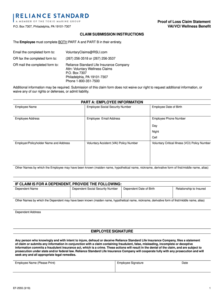 Fillable Online Reliance Standard Voluntary Life Claim Form SET SEG