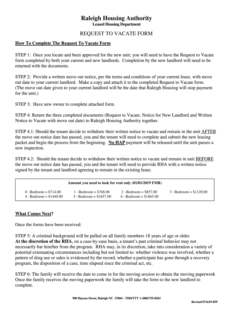 Fillable Online Request to Vacate Form Raleigh Housing Authority Fax