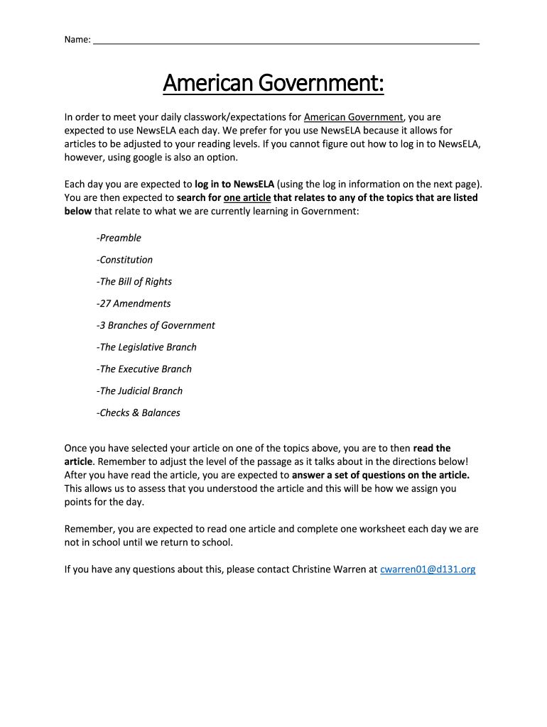 Fillable Online American Government NewsELA Directions and Worksheet