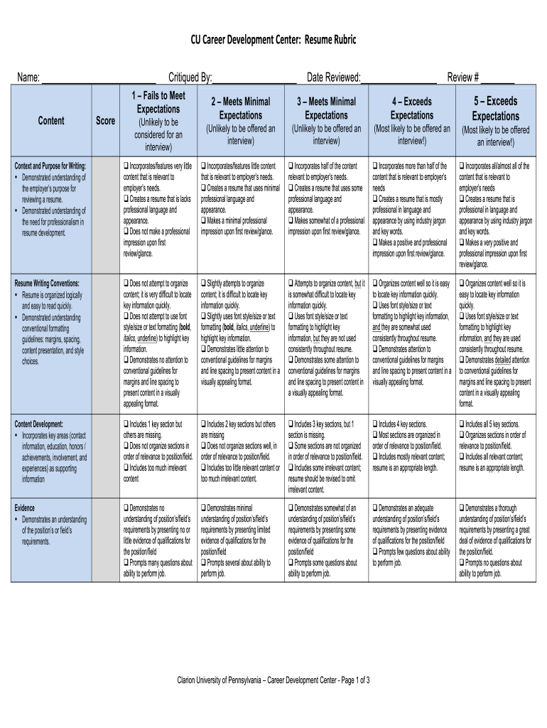resume rubric Preview on Page 1