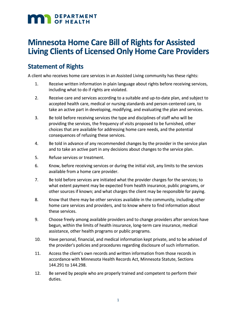 Minnesota Home Care Bill of Rights for Assisted Living Preview on Page 1