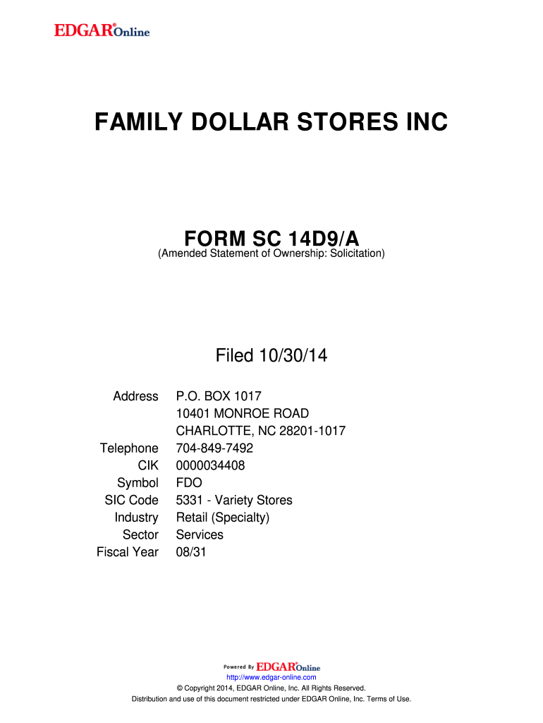 Fillable Online FAMILY DOLLAR STORES INC. FORM SC 14D9/A (Amended