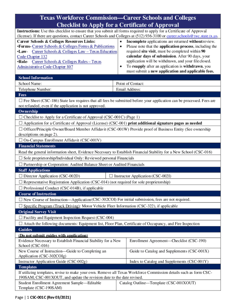 Texas Workforce CommissionCareer Schools and Colleges Checklist to Apply for a Certificate of Approv Preview on Page 1