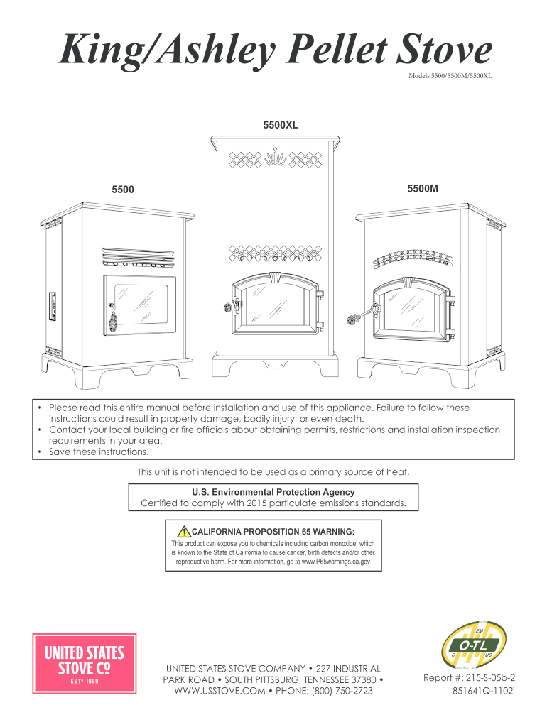 Fillable Online United States Stove KING/ASHLEY PELLET STOVE 5500