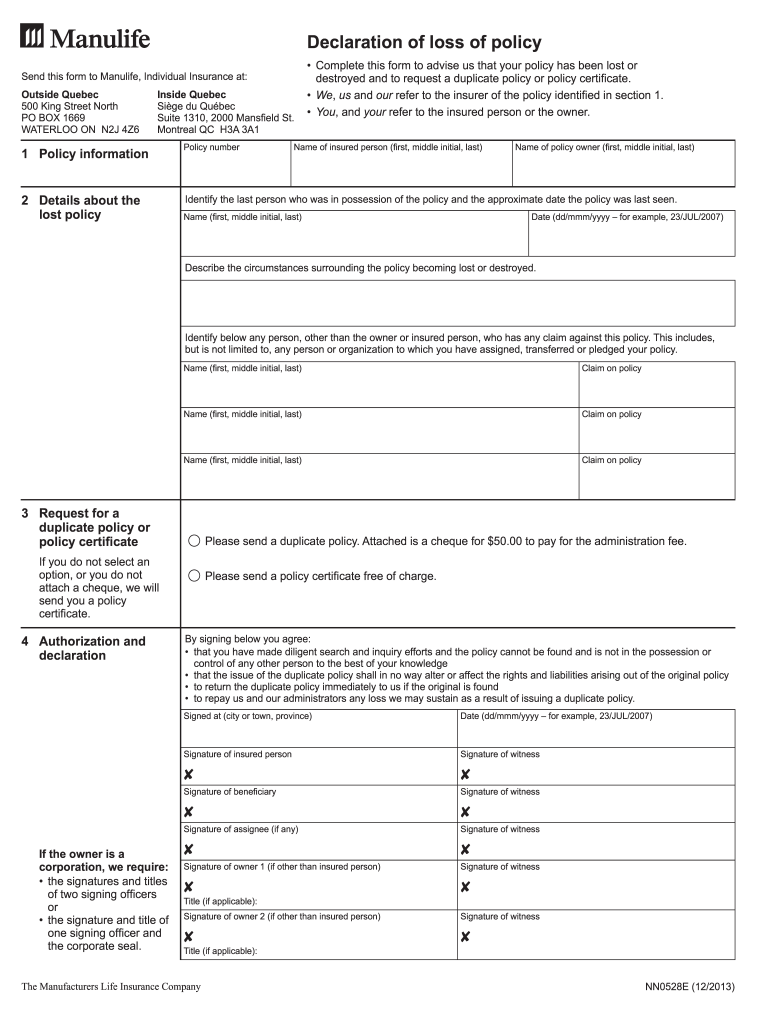 Fillable Online Loss of policy declaration (NN0528E). Complete this
