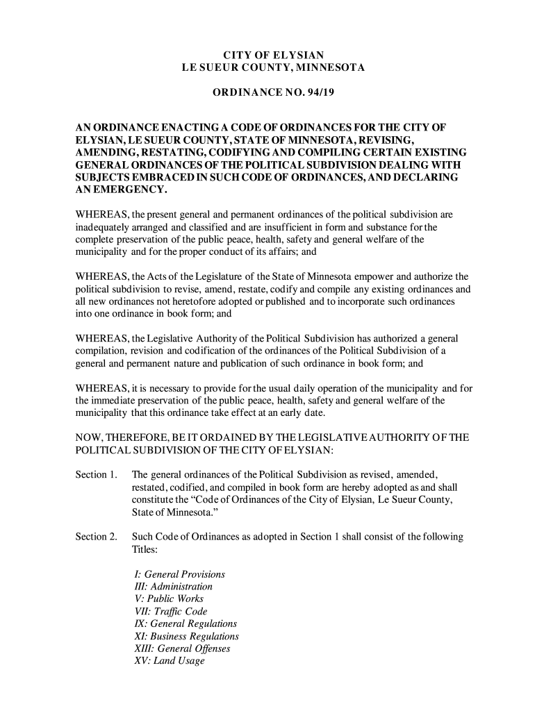 Fillable Online CITY OF ELYSIAN LE SUEUR COUNTY, MINNESOTA ORDINANCE NO
