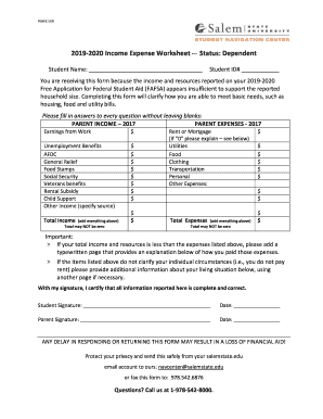 2019-2020 Income Expense Worksheet --- Status: Dependent
