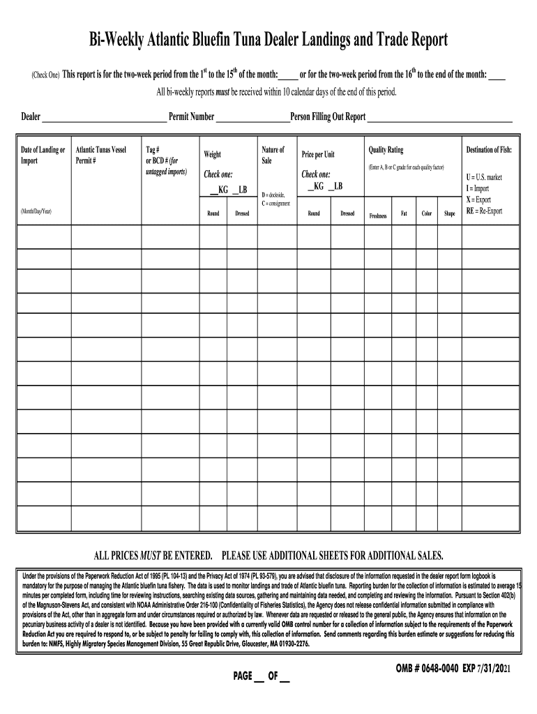 Bi-Weekly Atlantic Bluefin Tuna Dealer Report Form Preview on Page 1