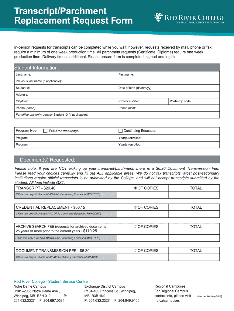 Fillable Online Transcript/Parchment Replacement Request Form CDN Fax