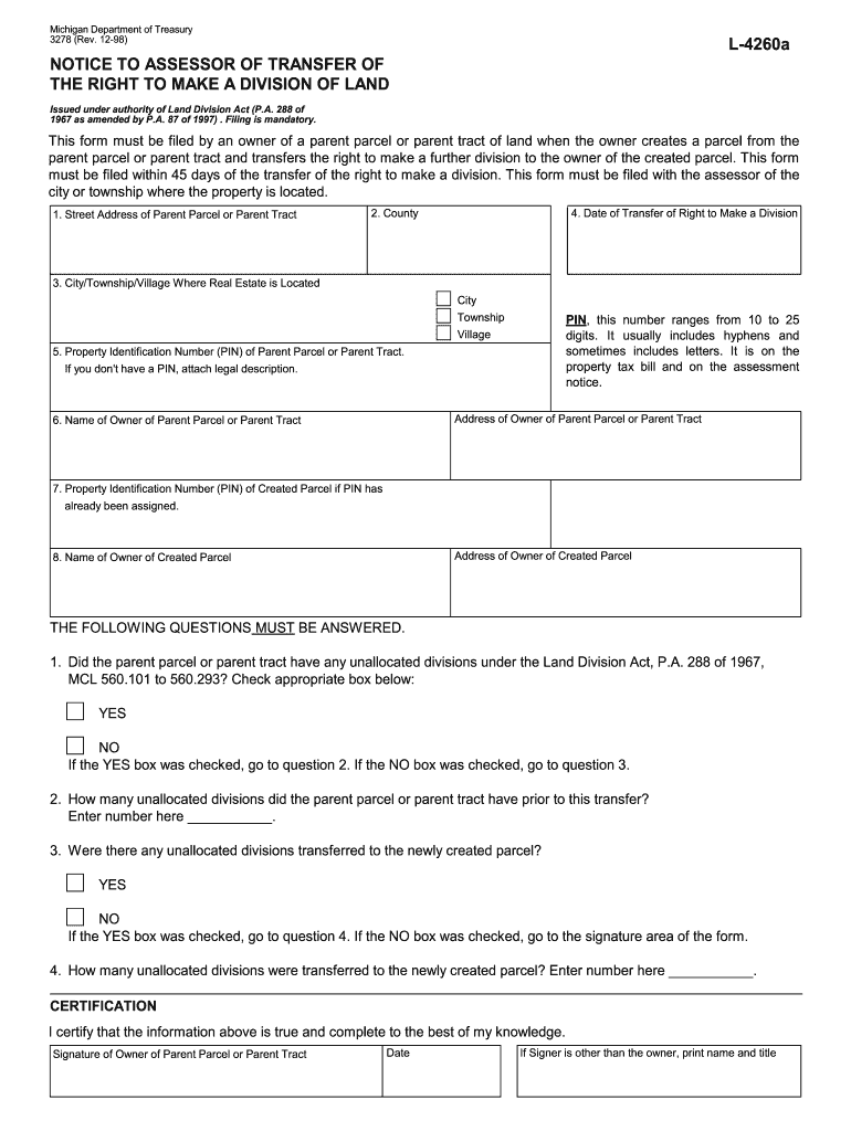 Fillable Online WHEATLAND TOWNSHIP. Form 3278, Notice to Assessor of