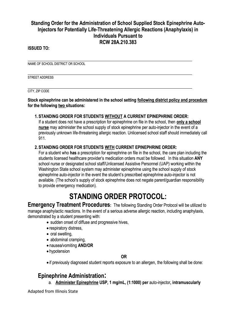 Standing Order for the Administration of School Supplied Stock Epinephrine Auto-Injectors for Potent Preview on Page 1