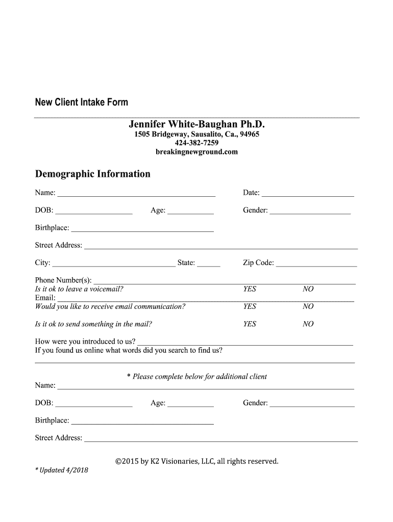 Fillable Online intake form *each adult 18 and over please complete ...