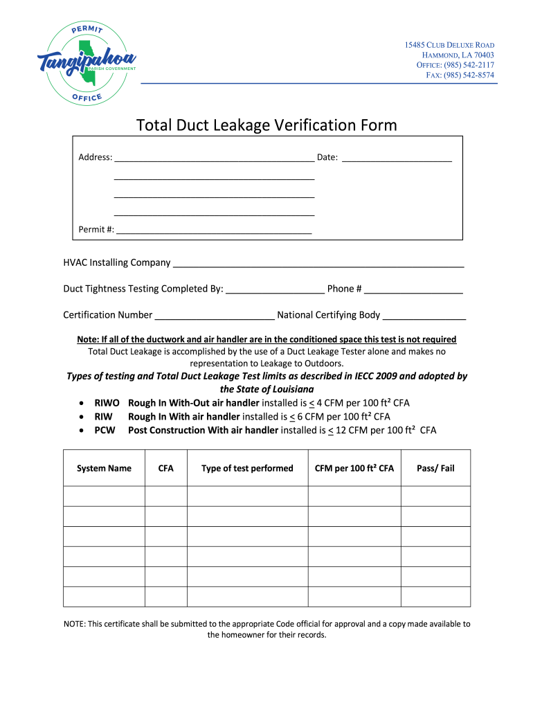 Fillable Online Duct Pressure Test Verification Form - Department of ...