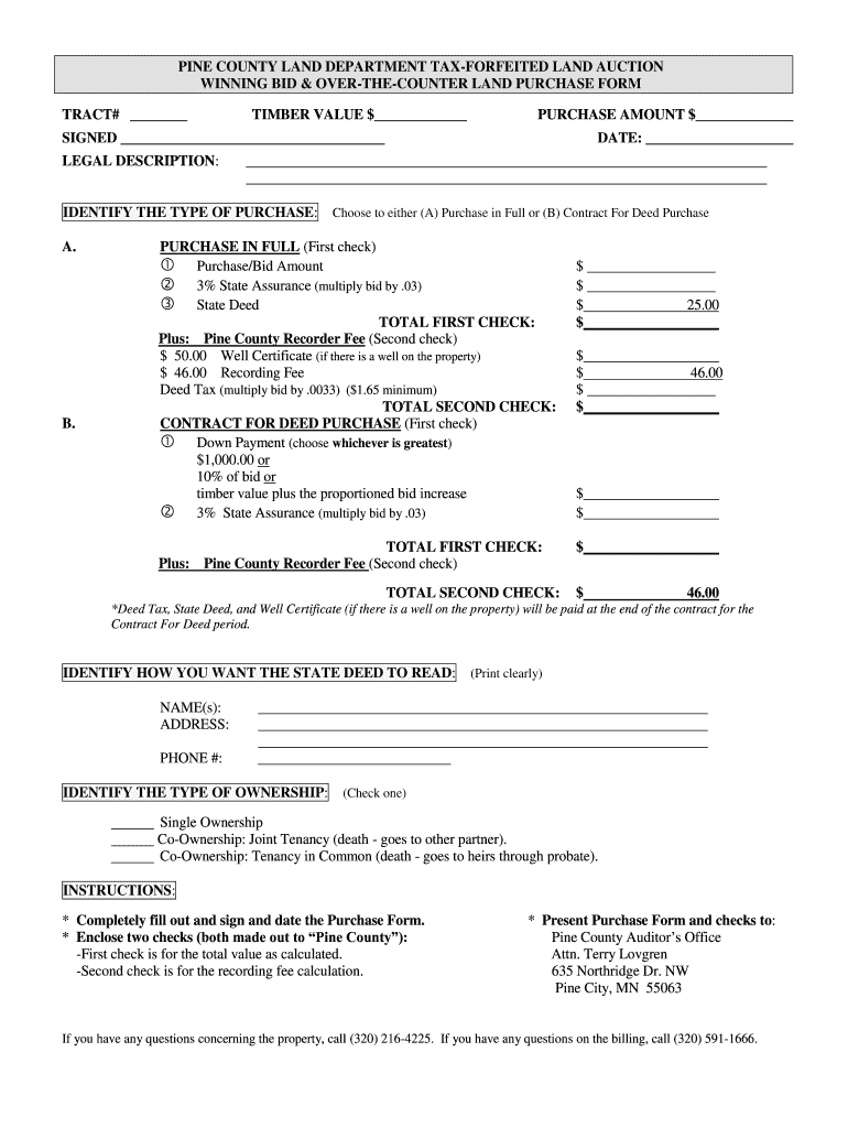 Fillable Online Contract for Purchase of Tax Forfeited Land TEMPLATE