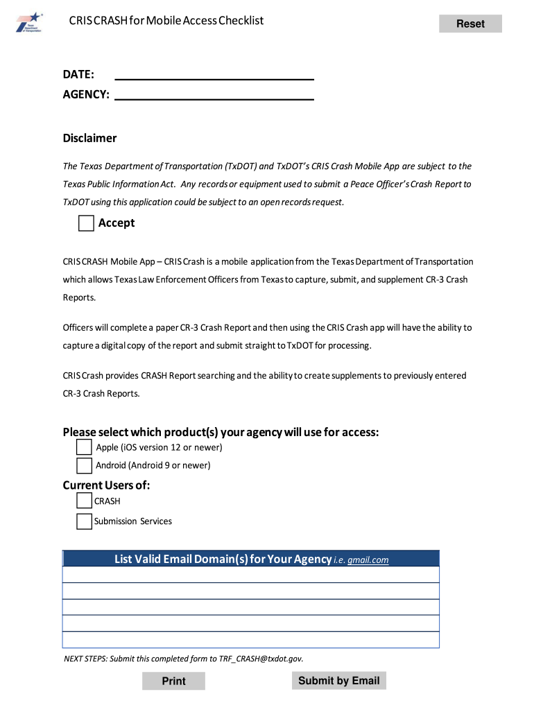 Fillable Online CRIS Crash For Mobile Access Checklist CR 3 Form Fillable Online CRIS Crash For Mobile Access Checklist CR 3 Form