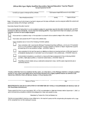 Michigan Highly Qualified Teacher Report