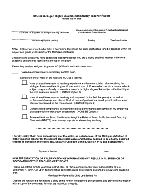 Michigan Highly Qualified Elementary Teacher Report
