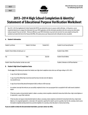 2013–2014 High School Completion Verification Worksheet