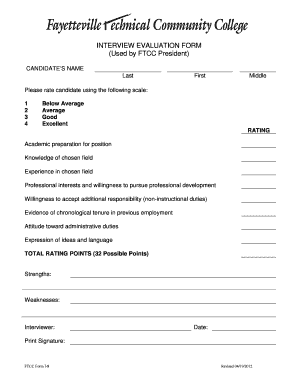 Interview evaluation sheet - INTERVIEW EVALUATION FORM (Used by FTCC President) - faytechcc