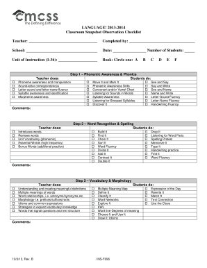 Classroom Snapshot Observation Checklist